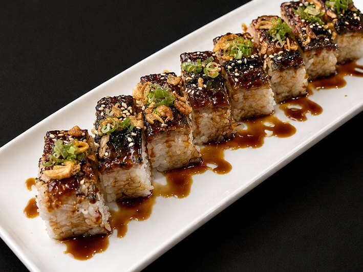 Pressed torched unagi sushi with sweet unagi sauce at Nori Nori, Tampa