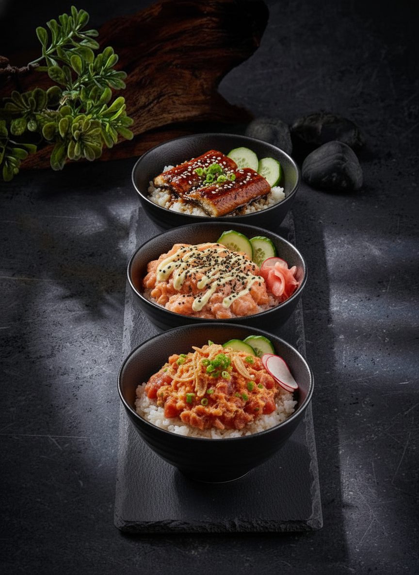 Three donburi rice bowls