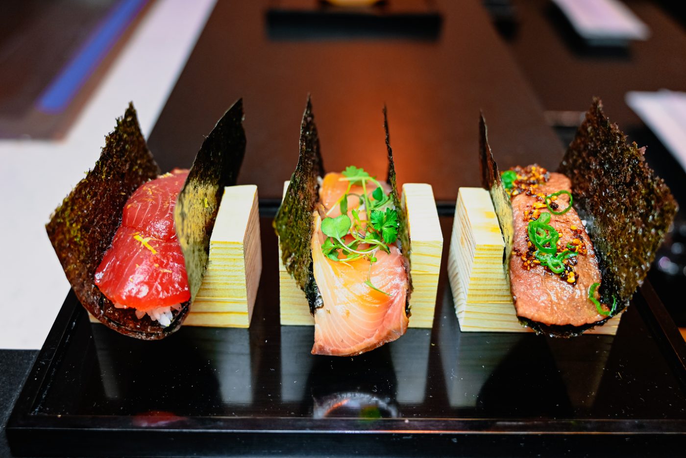 Handroll set on a wooden tray