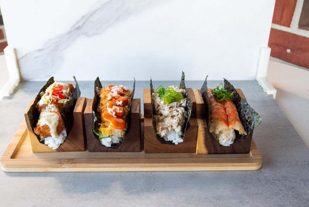 Cooked handrolls on a tray